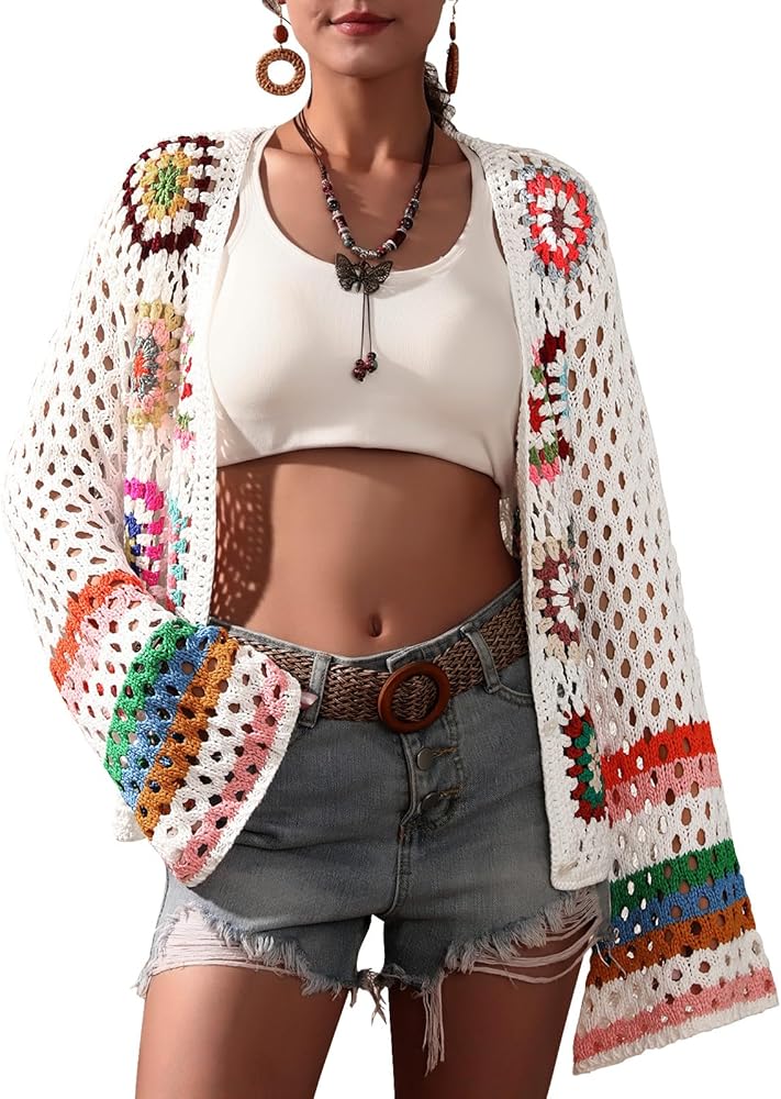 Women's Crochet Open Front Floral Cardigan Colorful Striped Flared